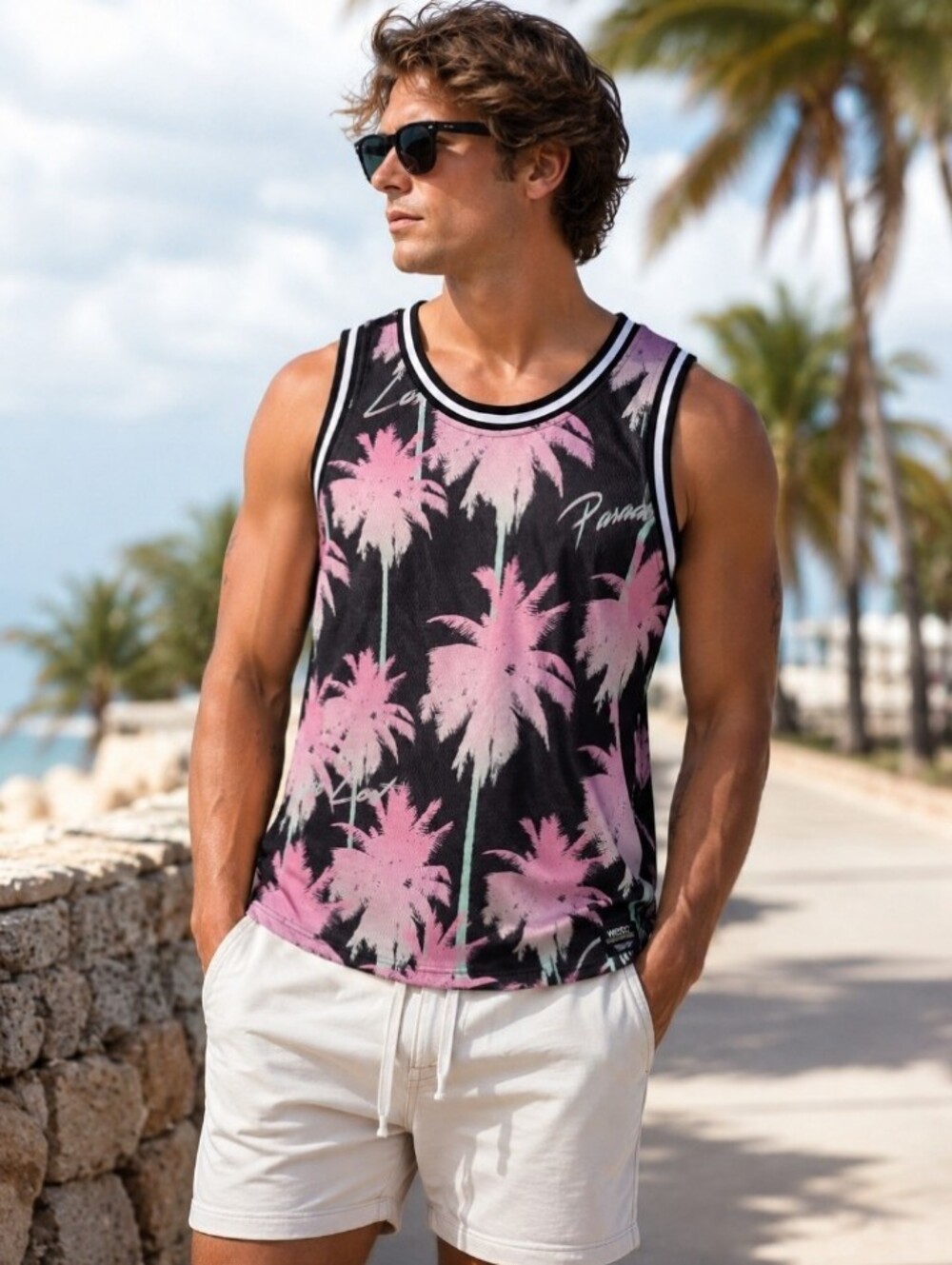 Wesc Pink Palm Tree Sleevless Tank Top Tropical Graphic Athletic Shirt Large